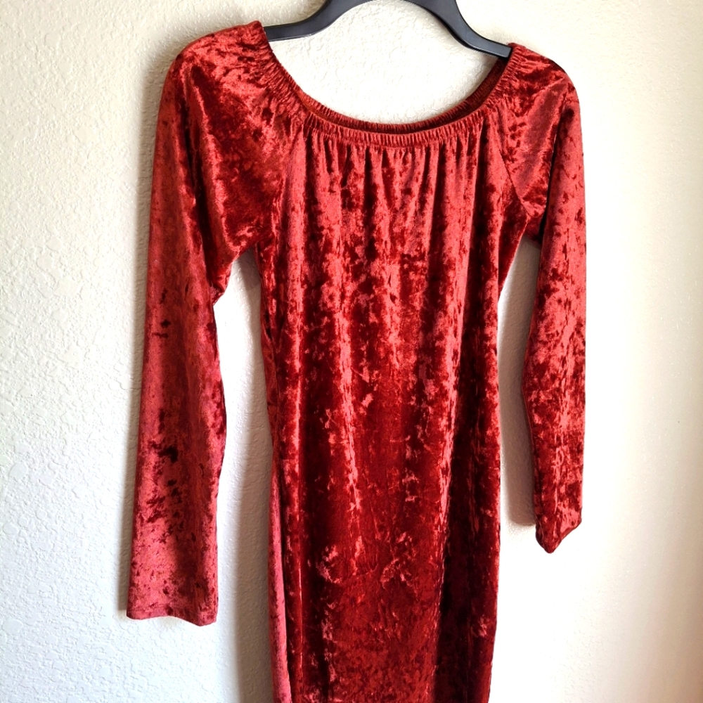 Rust Western Casual Crushed Velvet Long Sleeve Midi Dress Medium